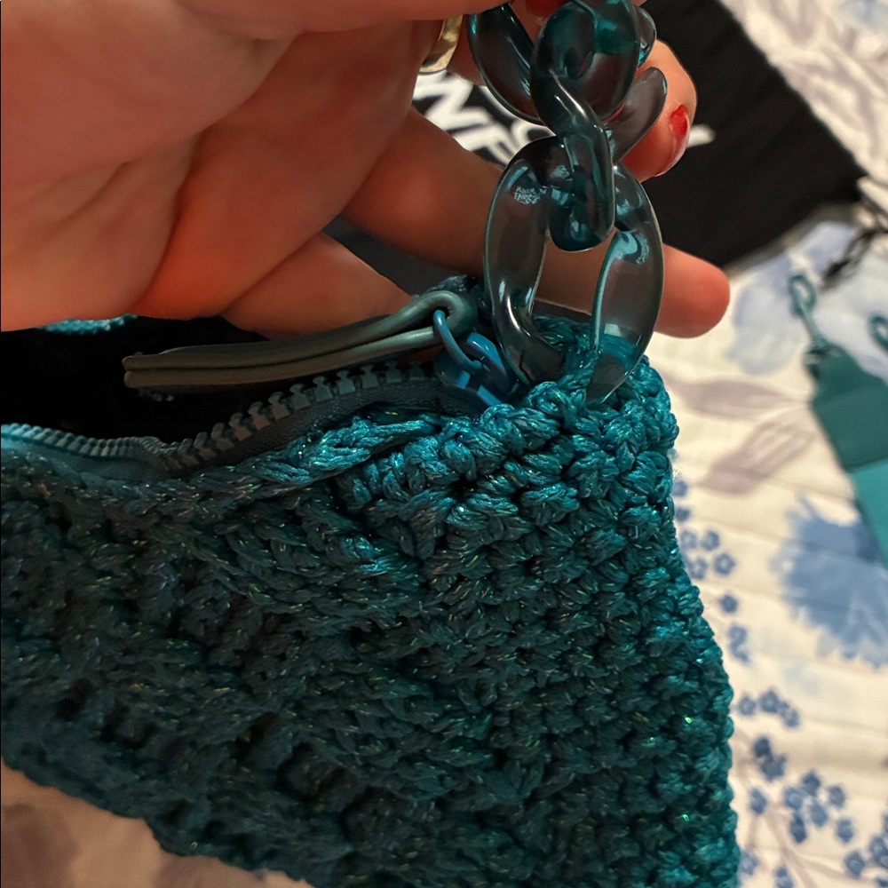 Kurt Geiger Teal Knit Bag with Chain Accent - Picture 9 of 10